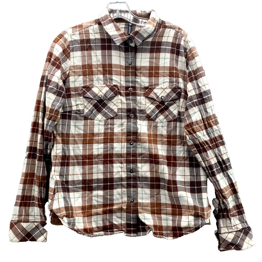 Kuhl Flannel‎ Shirt Women's Medium Brown Plaid Pearl Snap Western Hiking Outdoor